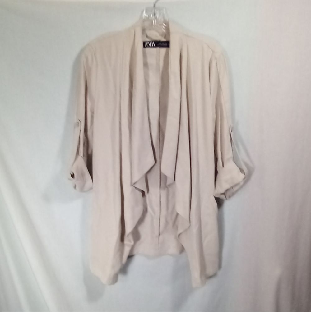 Zara Beige Roll-tab Sleeve Waterfall Blazer Size M